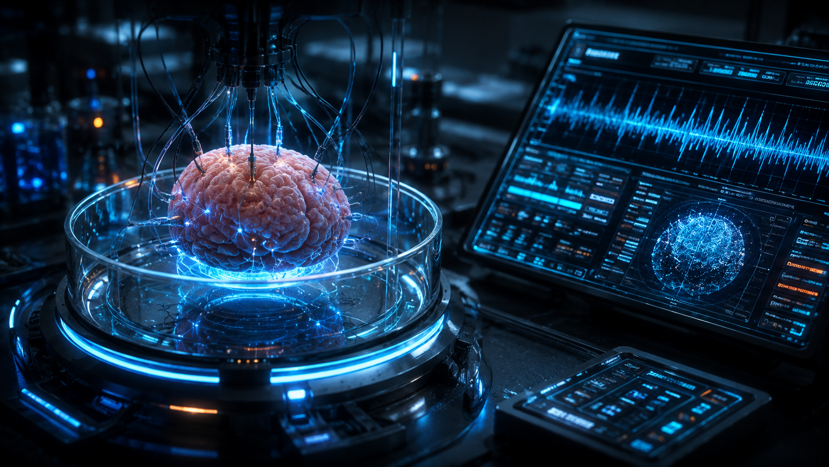Brain organoid connected to computer interface